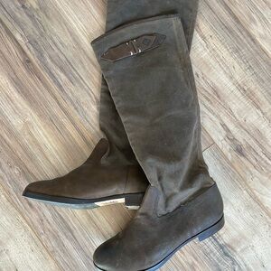 Eddie Bauer Women’s Tall Leather Boots Riding 6.5M Canvas Shaft Buckle Brown